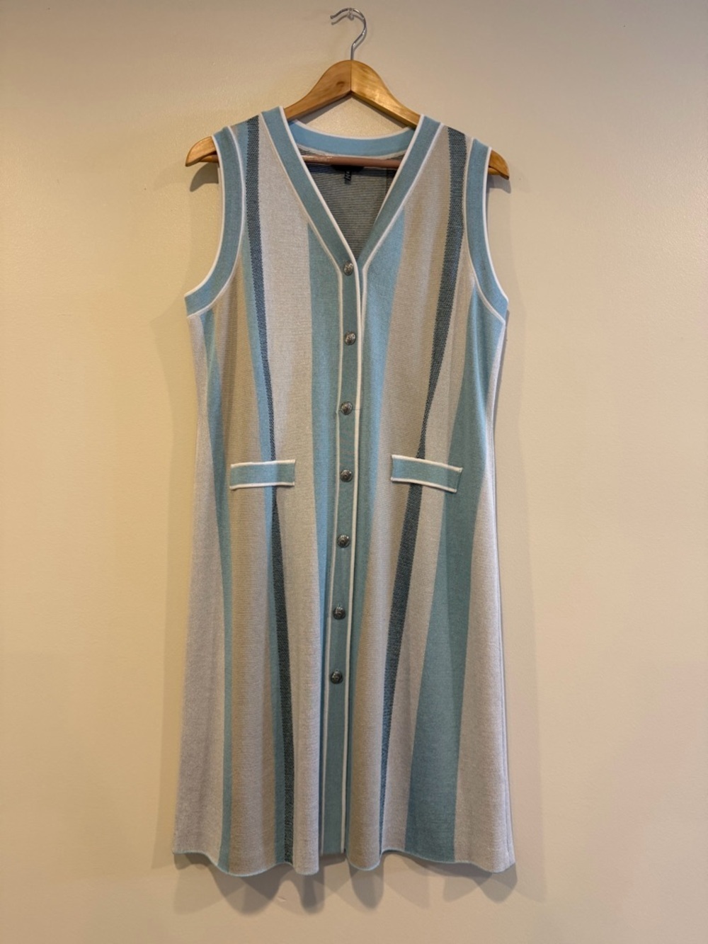 Ming Wang Sleeveless Button-Front Striped Midi Dress in Light Blue and Cream med
